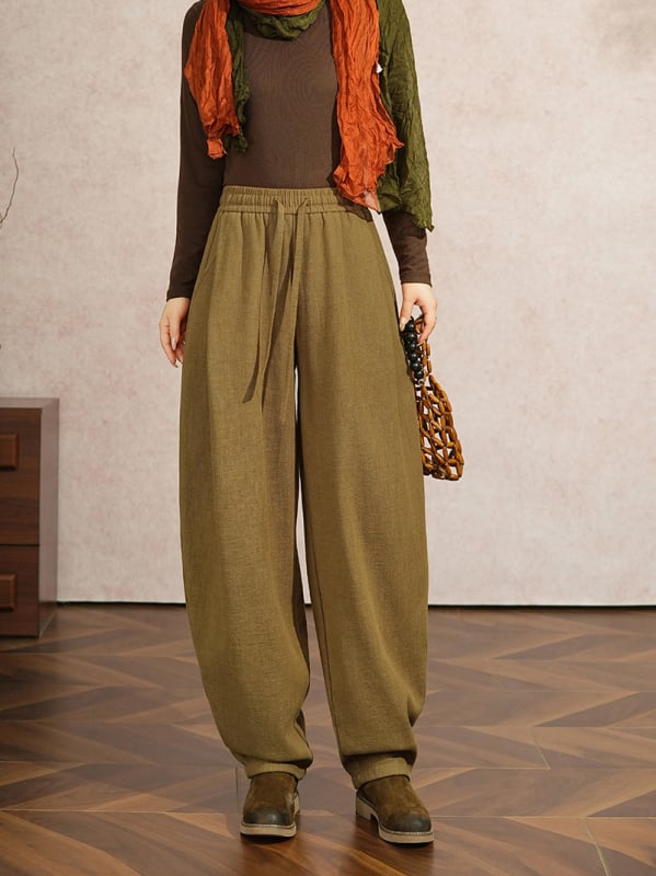 Casual zimske hlače od ramie-bavane, fleece podstava, široki model bloomersa, visok pas, debeli materijal