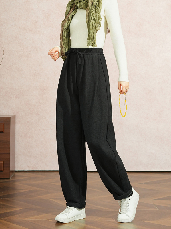Casual zimske hlače od ramie-bavane, fleece podstava, široki model bloomersa, visok pas, debeli materijal
