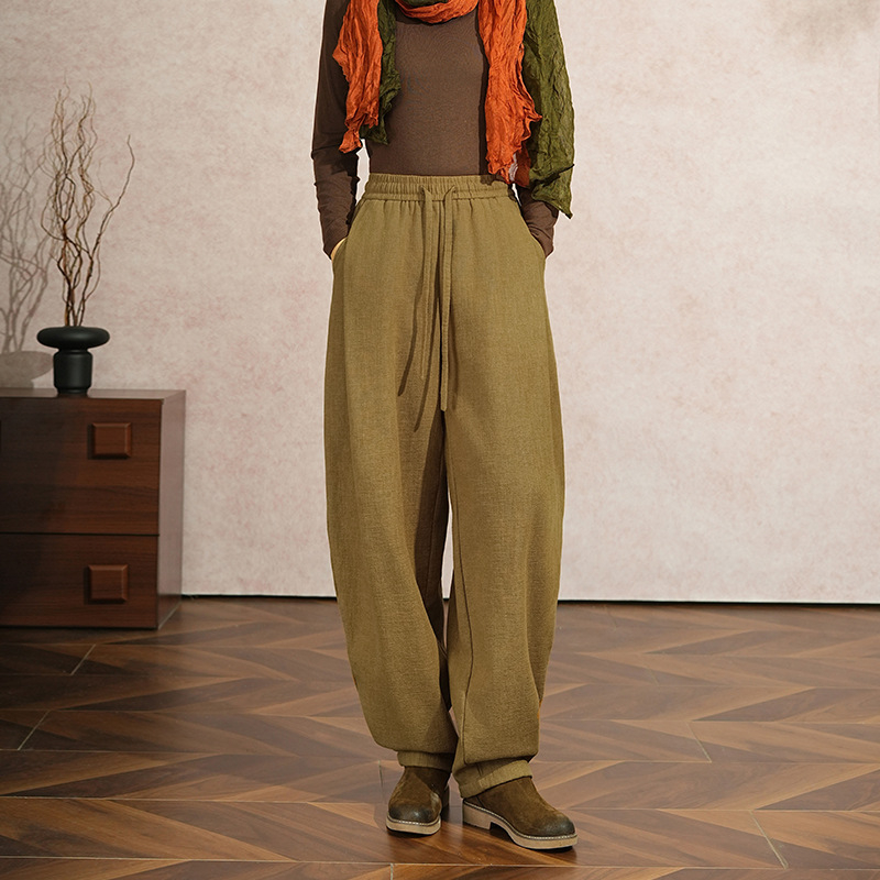 Casual zimske hlače od ramie-bavane, fleece podstava, široki model bloomersa, visok pas, debeli materijal
