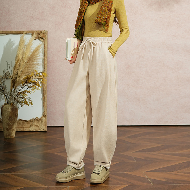 Casual zimske hlače od ramie-bavane, fleece podstava, široki model bloomersa, visok pas, debeli materijal