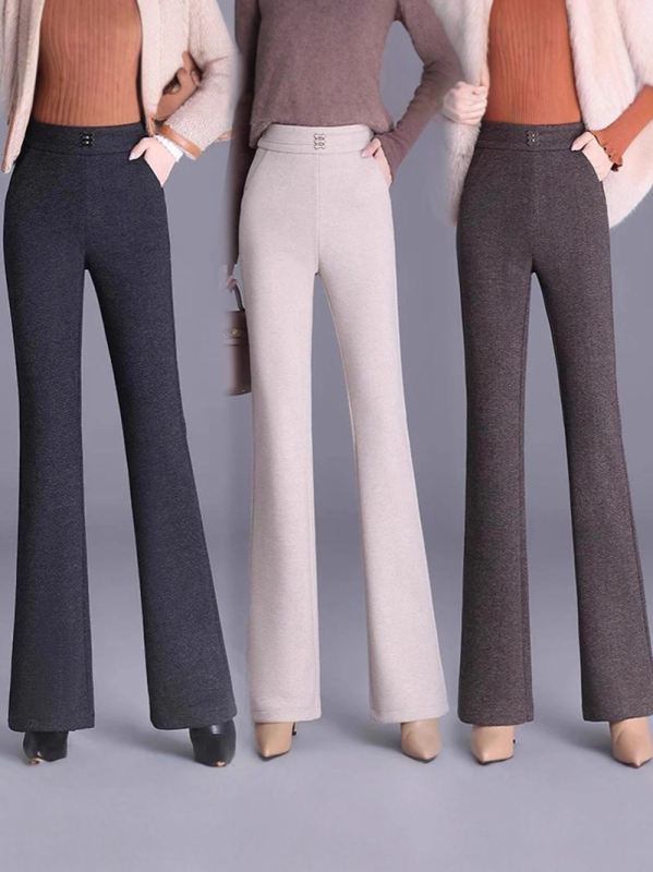 Női magas derekú, fleece-béléssel ellátott, vastagított bootcut nadrág, elasztikus derék, minimalistikus, mindennapi stílus.