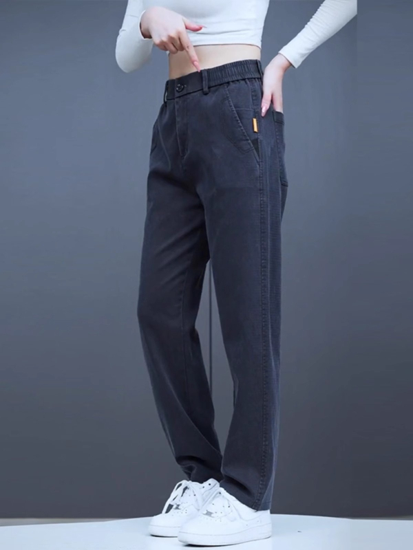 Pantaloni casual bărbați cu căptușeală fleece, croială dreaptă lejeră, talie medie, fermoar, țesătură groasă din amestec lyocell