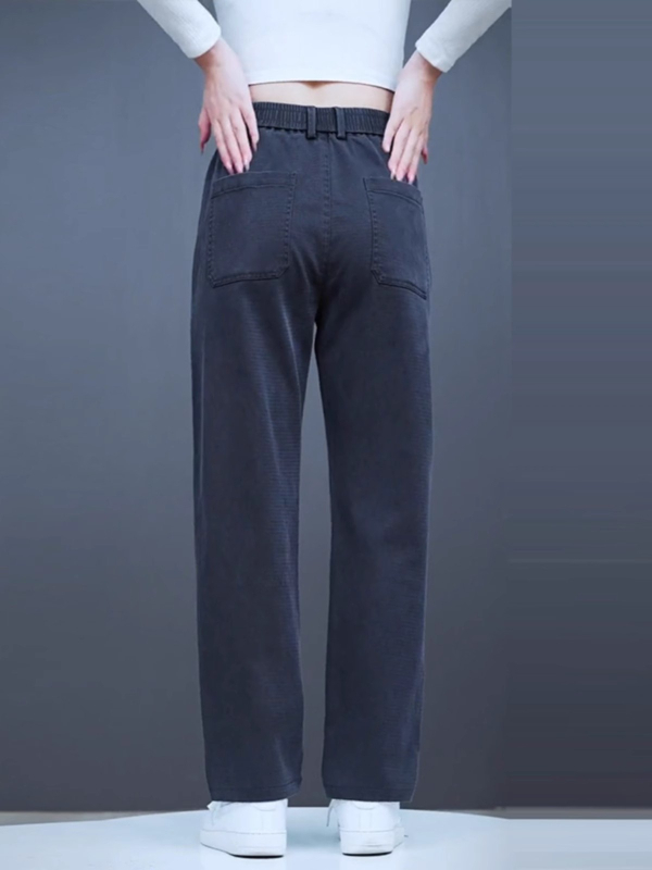 Pantaloni casual bărbați cu căptușeală fleece, croială dreaptă lejeră, talie medie, fermoar, țesătură groasă din amestec lyocell