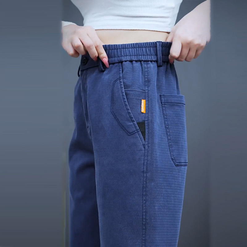 Pantaloni casual bărbați cu căptușeală fleece, croială dreaptă lejeră, talie medie, fermoar, țesătură groasă din amestec lyocell