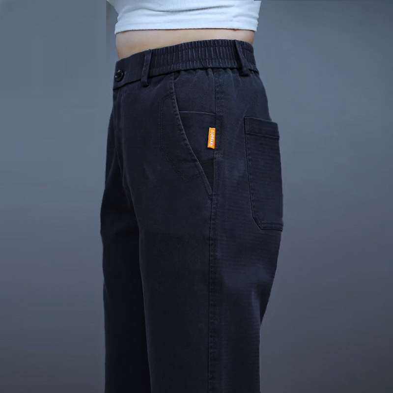 Pantaloni casual bărbați cu căptușeală fleece, croială dreaptă lejeră, talie medie, fermoar, țesătură groasă din amestec lyocell