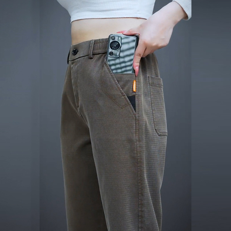 Pantaloni casual bărbați cu căptușeală fleece, croială dreaptă lejeră, talie medie, fermoar, țesătură groasă din amestec lyocell