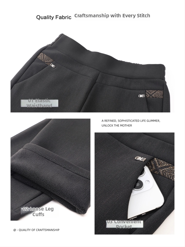 Nohavice pre staršie ženy s fleecovou podšívkou na zimu 2025, vysoký pás, hrubý rovný strih, voľnočasový štýl (Zima 2025; polyester >95%; mikroelastickosť)