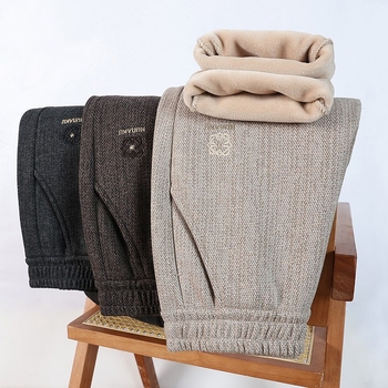 Női fleece-béléses vastag nadrág, elasztikus derék, egyenes szabás, lazán illeszkedő, hosszú idős nők számára