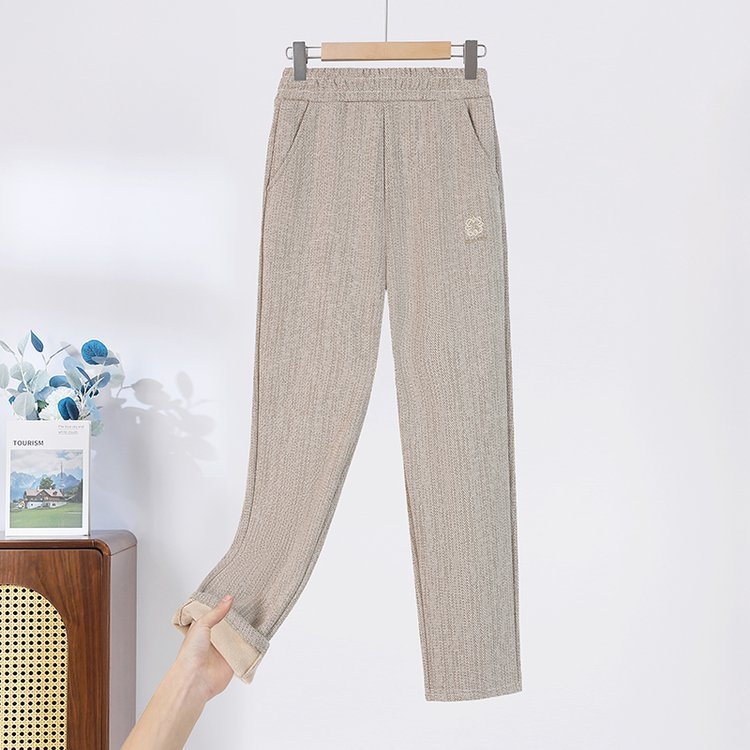 Női fleece-béléses vastag nadrág, elasztikus derék, egyenes szabás, lazán illeszkedő, hosszú idős nők számára