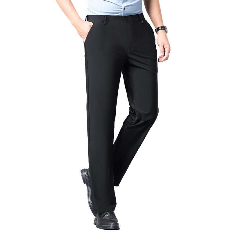 Pantaloni casual de afaceri pentru bărbați — Ice Silk, vară, talie medie, fermoar, țesătură stretch