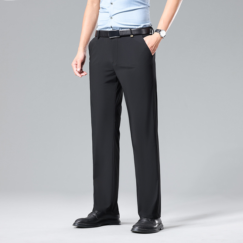 Pantaloni casual de afaceri pentru bărbați — Ice Silk, vară, talie medie, fermoar, țesătură stretch