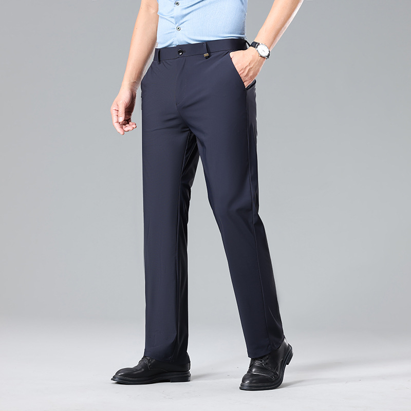 Pantaloni casual de afaceri pentru bărbați — Ice Silk, vară, talie medie, fermoar, țesătură stretch