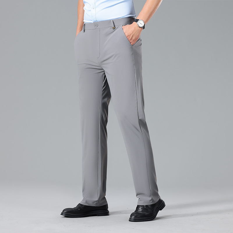 Pantaloni casual de afaceri pentru bărbați — Ice Silk, vară, talie medie, fermoar, țesătură stretch