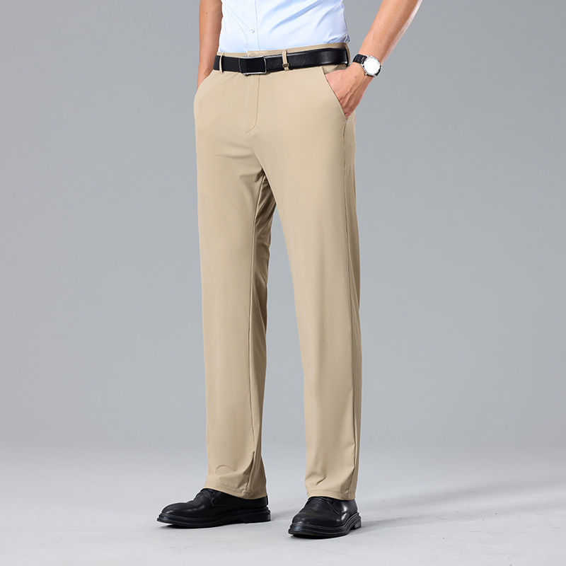 Pantaloni casual de afaceri pentru bărbați — Ice Silk, vară, talie medie, fermoar, țesătură stretch