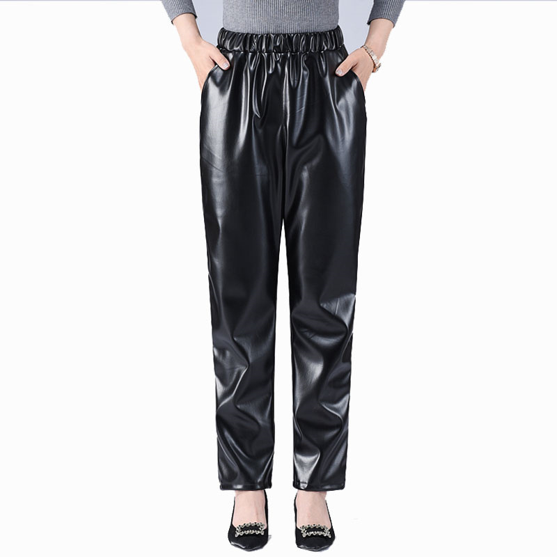 Pantaloni din piele PU pentru femei, croială dreaptă, talie liberă, stil casual, elasticitate ușoară, lansare toamnă 2023