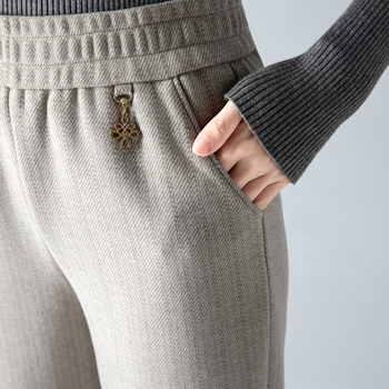 Pantaloni drepți din lână, căptuțiți cu fleece, talie înaltă, casual, toamnă-iarnă, amestec poliester 90-95%