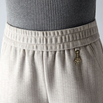 Pantaloni drepți din lână, căptuțiți cu fleece, talie înaltă, casual, toamnă-iarnă, amestec poliester 90-95%