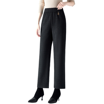 Pantaloni drepți din lână, căptuțiți cu fleece, talie înaltă, casual, toamnă-iarnă, amestec poliester 90-95%