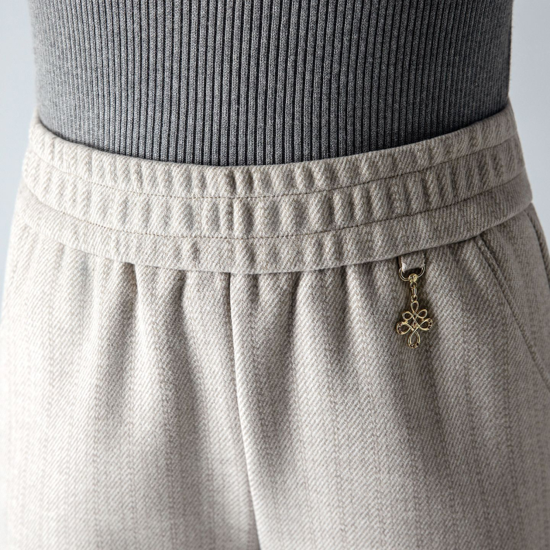 Pantaloni drepți din lână, căptuțiți cu fleece, talie înaltă, casual, toamnă-iarnă, amestec poliester 90-95%