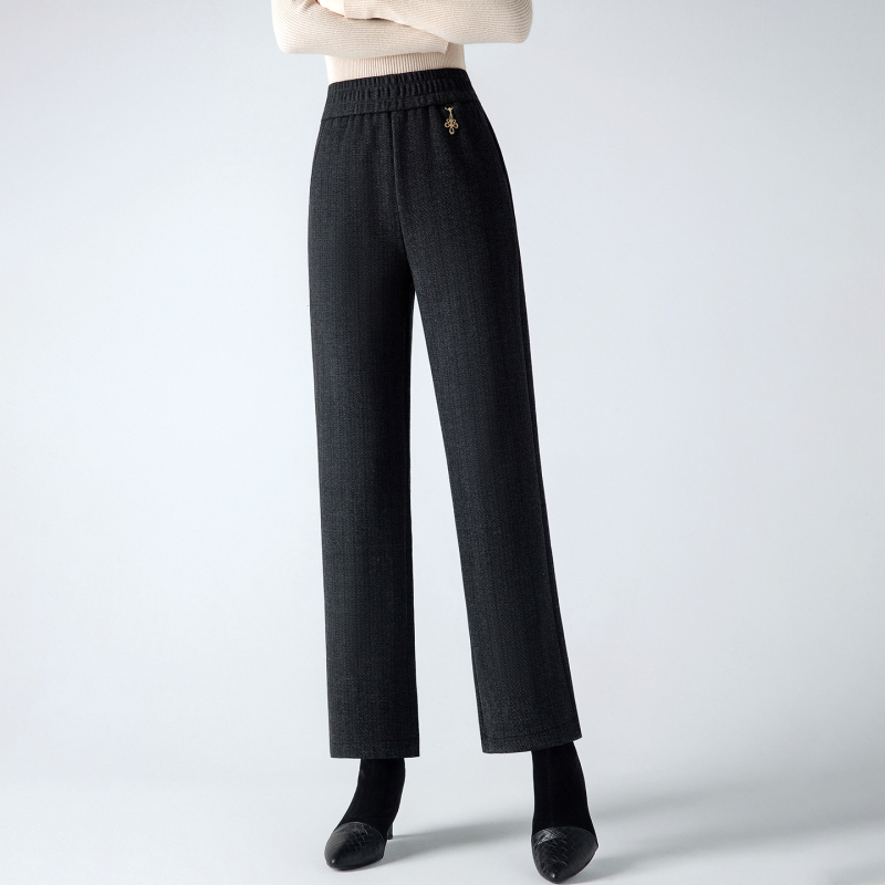 Pantaloni drepți din lână, căptuțiți cu fleece, talie înaltă, casual, toamnă-iarnă, amestec poliester 90-95%