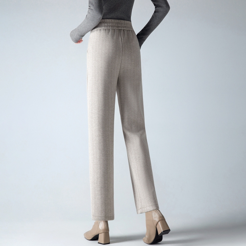 Pantaloni drepți din lână, căptuțiți cu fleece, talie înaltă, casual, toamnă-iarnă, amestec poliester 90-95%