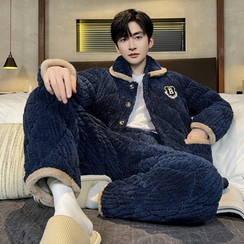 Muški fleece pidžama set, tri-slojna punjenja, extra debeli, ovratnik rever, dugi rukavi, hlače, za kućnu upotrebu.