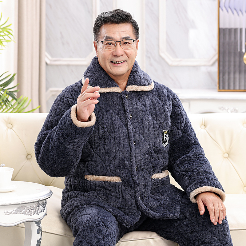 Muški fleece pidžama set, tri-slojna punjenja, extra debeli, ovratnik rever, dugi rukavi, hlače, za kućnu upotrebu.