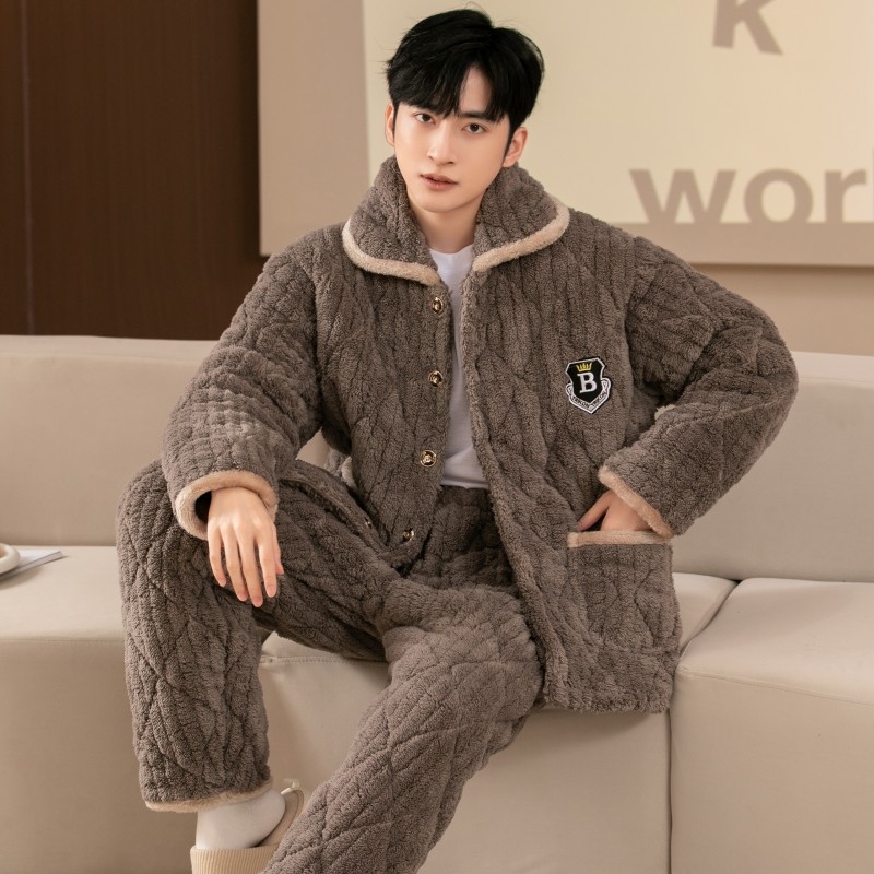 Muški fleece pidžama set, tri-slojna punjenja, extra debeli, ovratnik rever, dugi rukavi, hlače, za kućnu upotrebu.