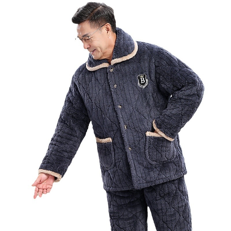 Muški fleece pidžama set, tri-slojna punjenja, extra debeli, ovratnik rever, dugi rukavi, hlače, za kućnu upotrebu.