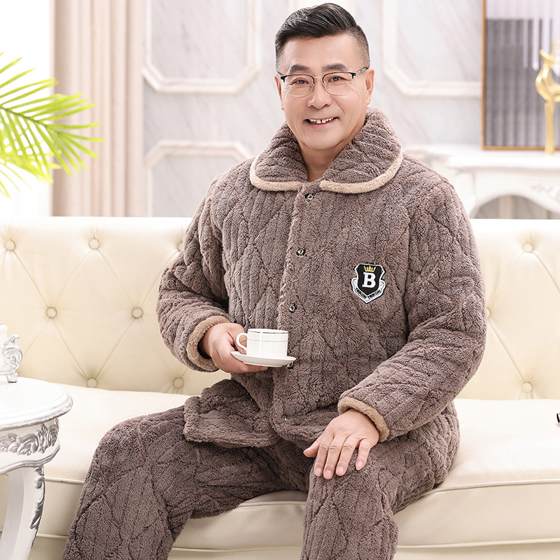 Muški fleece pidžama set, tri-slojna punjenja, extra debeli, ovratnik rever, dugi rukavi, hlače, za kućnu upotrebu.