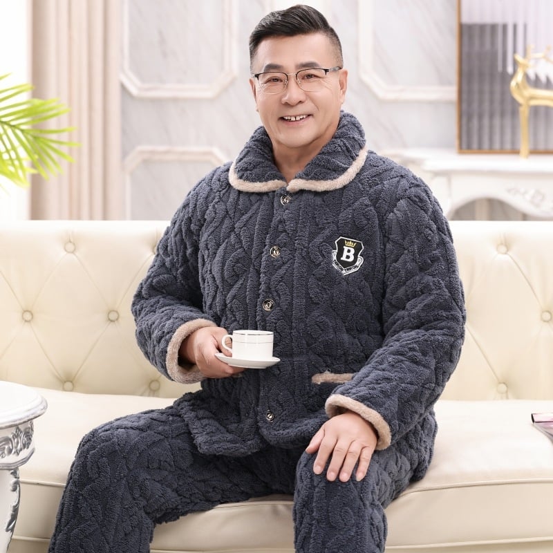 Muški fleece pidžama set, tri-slojna punjenja, extra debeli, ovratnik rever, dugi rukavi, hlače, za kućnu upotrebu.