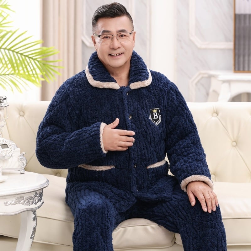 Muški fleece pidžama set, tri-slojna punjenja, extra debeli, ovratnik rever, dugi rukavi, hlače, za kućnu upotrebu.