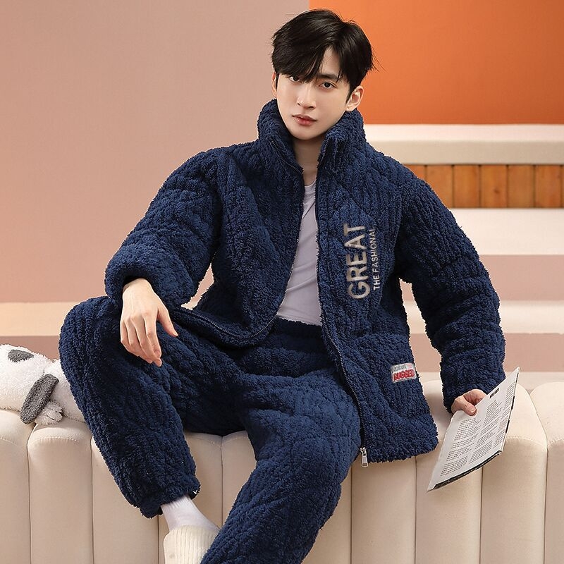 Muški fleece pidžama set, tri-slojna punjenja, extra debeli, ovratnik rever, dugi rukavi, hlače, za kućnu upotrebu.