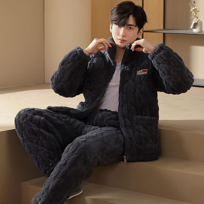 Muški fleece pidžama set, tri-slojna punjenja, extra debeli, ovratnik rever, dugi rukavi, hlače, za kućnu upotrebu.