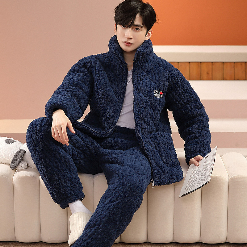 Muški fleece pidžama set, tri-slojna punjenja, extra debeli, ovratnik rever, dugi rukavi, hlače, za kućnu upotrebu.