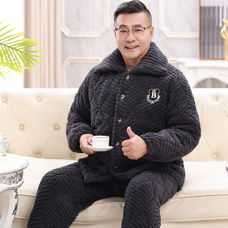 Muški fleece pidžama set, tri-slojna punjenja, extra debeli, ovratnik rever, dugi rukavi, hlače, za kućnu upotrebu.