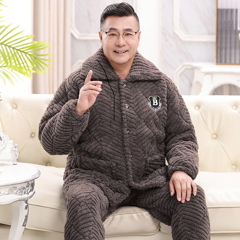 Muški fleece pidžama set, tri-slojna punjenja, extra debeli, ovratnik rever, dugi rukavi, hlače, za kućnu upotrebu.