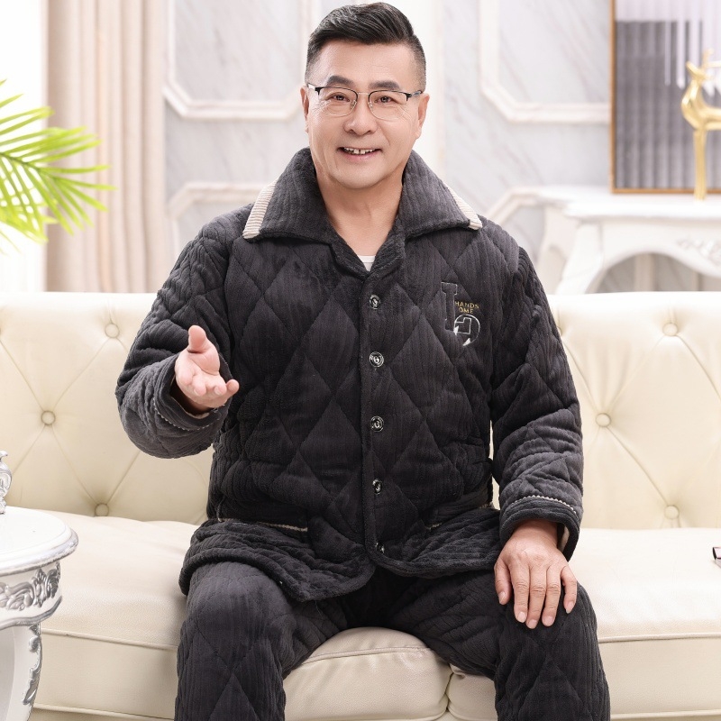 Muški fleece pidžama set, tri-slojna punjenja, extra debeli, ovratnik rever, dugi rukavi, hlače, za kućnu upotrebu.