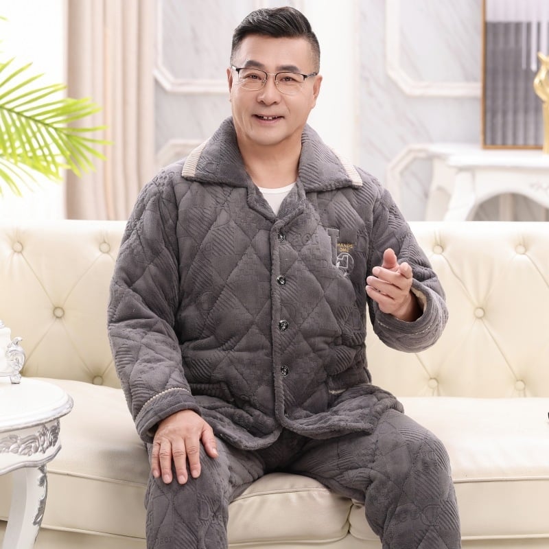 Muški fleece pidžama set, tri-slojna punjenja, extra debeli, ovratnik rever, dugi rukavi, hlače, za kućnu upotrebu.