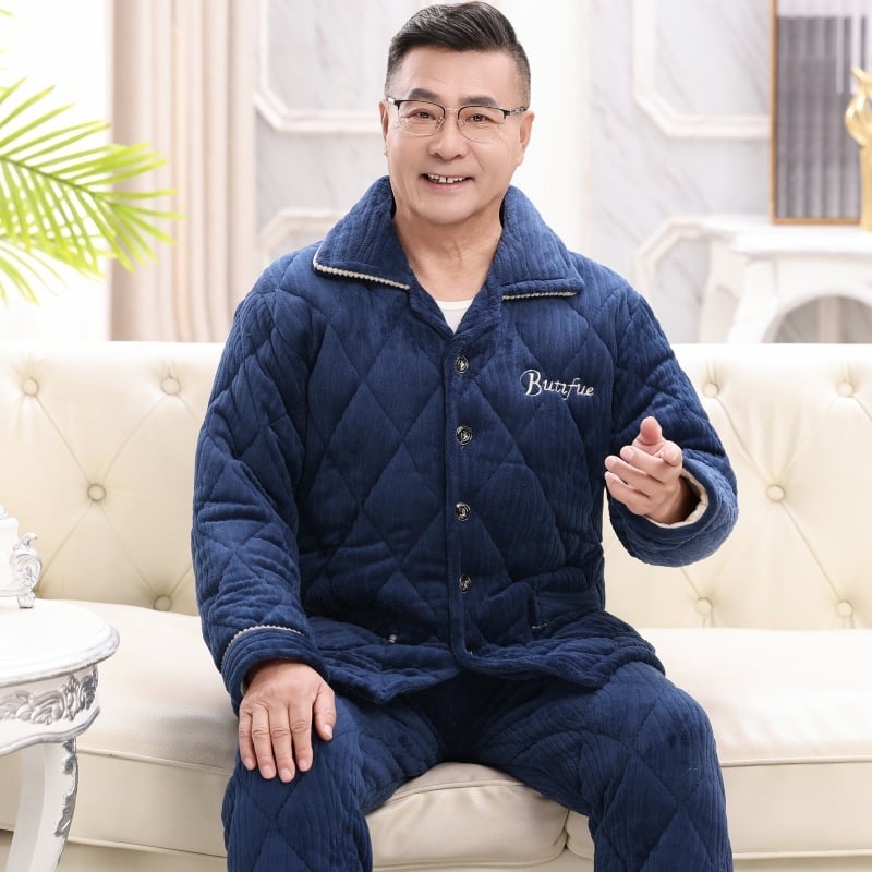 Muški fleece pidžama set, tri-slojna punjenja, extra debeli, ovratnik rever, dugi rukavi, hlače, za kućnu upotrebu.