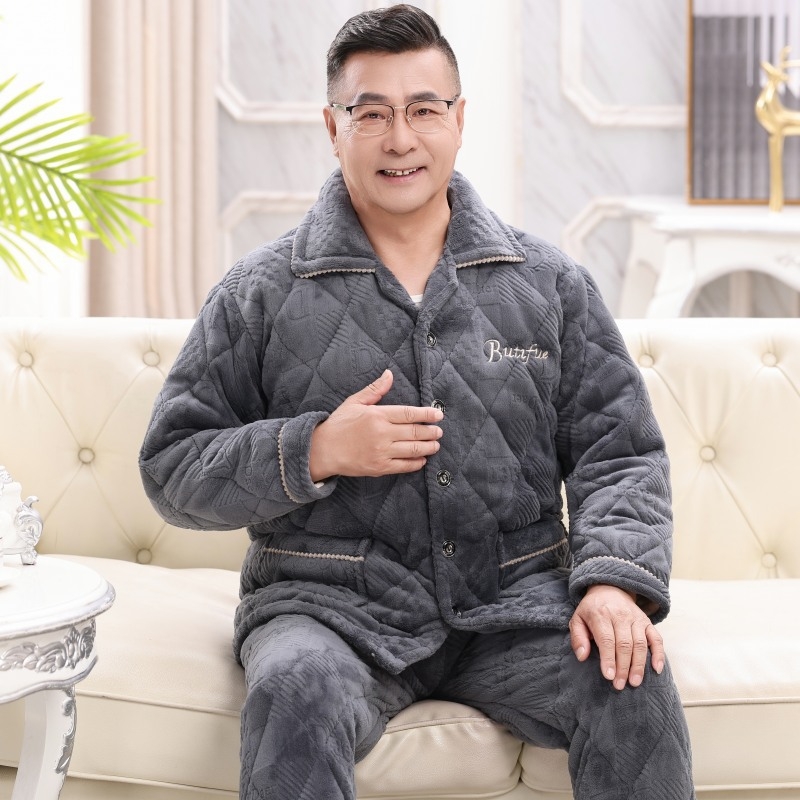 Muški fleece pidžama set, tri-slojna punjenja, extra debeli, ovratnik rever, dugi rukavi, hlače, za kućnu upotrebu.