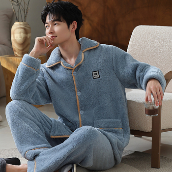 Muški zimski set pidžama od koralnog flisa, dugi rukav, kardigan stil, poliester, ekstra debeli