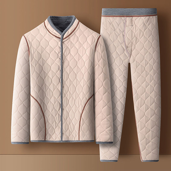 Seniorski kućni komplet od coral fleecea – trostruko quiltan, fleece podstava, debeli, okrugli ovratnik, dugi rukavi, hlače, jednostavan ležeran stil, poliester