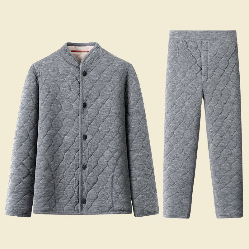 Seniorski kućni komplet od coral fleecea – trostruko quiltan, fleece podstava, debeli, okrugli ovratnik, dugi rukavi, hlače, jednostavan ležeran stil, poliester