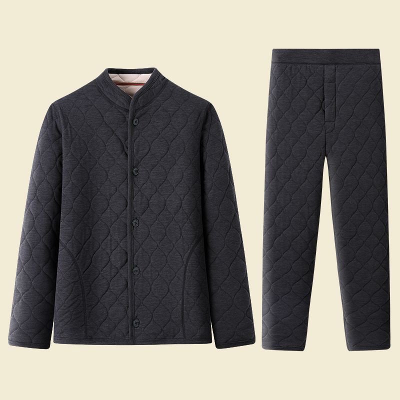 Seniorski kućni komplet od coral fleecea – trostruko quiltan, fleece podstava, debeli, okrugli ovratnik, dugi rukavi, hlače, jednostavan ležeran stil, poliester