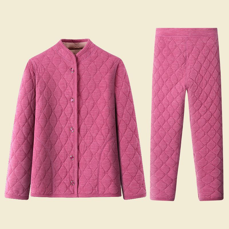 Seniorski kućni komplet od coral fleecea – trostruko quiltan, fleece podstava, debeli, okrugli ovratnik, dugi rukavi, hlače, jednostavan ležeran stil, poliester