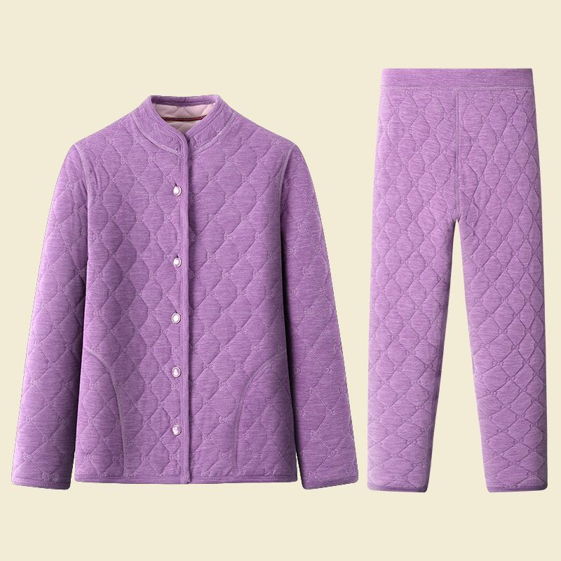 Seniorski kućni komplet od coral fleecea – trostruko quiltan, fleece podstava, debeli, okrugli ovratnik, dugi rukavi, hlače, jednostavan ležeran stil, poliester