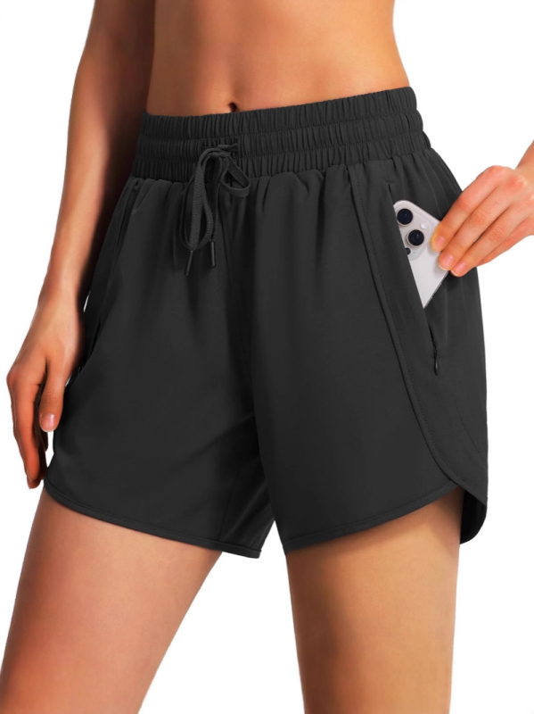 Moteriški 5 colių ilgio sportiniai šortai, greitai džiūstantys, lengvi, su elastine juosta ir užtrauktuku kišene, poliesteris/spandeksas