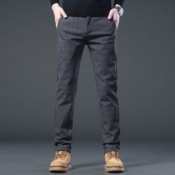 Pantaloni casual pentru bărbați din amestec de bumbac, croială dreaptă, talie medie, fermoar, fără cute