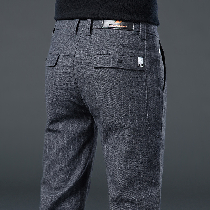 Pantaloni casual pentru bărbați din amestec de bumbac, croială dreaptă, talie medie, fermoar, fără cute